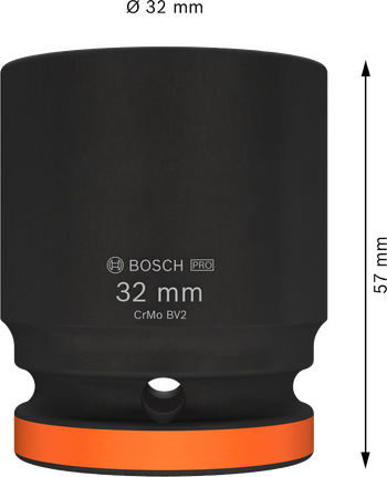 Soquete de impacto Bosch PRO 3/4" 32 mm para fixação de alta resistência.